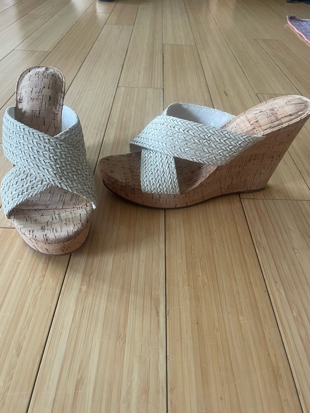 Nine West Ivory Woven Crisscross Cork Wedge Sandals